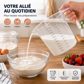 PARENCE Caraffa Graduata 1L Ergonomica – Dosatore Trasparente con Beccuccio Versatore – Forma Ottimizzata per Impugnatura e Riporre – Cucina e Pasticceria