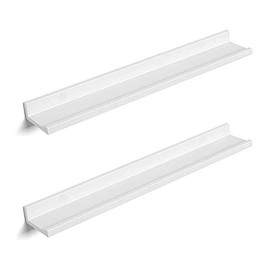 SONGMICS Wall Shelves, Set of 2 Wooden Ledge Floating Shelves, 31.5-Inch Long, with Front Edge, for Framed Pictures, Spice Jars, Decors, White ULWS080W01