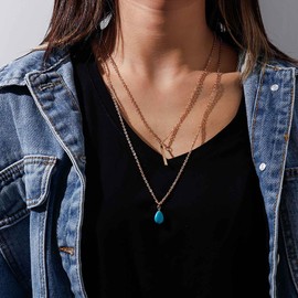Inateannal Boho Layered Turquoise Pendant Necklace Gold Bar Choker Necklace Vintage Turquoise Teardrop Necklace Blue Turquoise Chain Necklace Jewellery for Women Girls, Zinc, No Gemstone