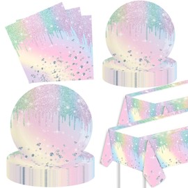 Iridescent Party Supplies, Iridescent Party Disposable Tableware Set 20 Party Plates 9" 20 7" Paper Plates 20 Napkins 2PCS Tablecloth for Iridescent Birthday Party Decoration Serves 20 Guests