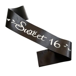 Sweet 16 Sash, Black Satin Soft Sashes with Silver Foil Letter, 16th Birthday Sash Decorations Gifts for Girls Happy 16th Birthday Party Favor Supplies