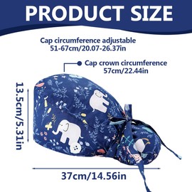 Tomedeks Scrub Hats Surgical Women,Long Hair Bouffant Hat,Scrub Cap,Surgical Cap,Printed Bouffant Turban Cap,Adjustable,Medical Scrub Caps Women With Button Closure,Cotton Scrub Hat(Elephant)
