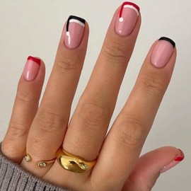 Christmas Press on Nails French Tip Fake Nails Short Square False Nails Cute Acrylic Nails with Christmas Hat Design Black Red Nail Tip Full Cover Glue on Nails Xmas Stick on Nails for Women Girls