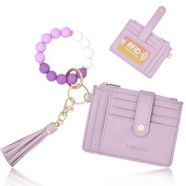 BAOSIWA Silicone Beaded Bracelet Keychain Wallet Purple Wristlet Credit Card Holder Small RFID Wallet Bangle Key Ring for Women with Zipper Pocket