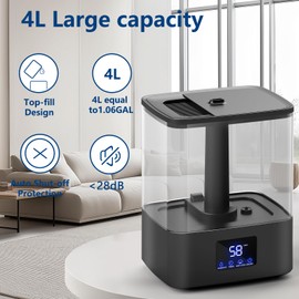 4L Top Fill Humidifiers for Bedroom & 60H Runtime - Cool Mist Humidifier, 3 Mist Levels, 8H Timer, Essential Oil Tray, Humidity Display, Quiet for Bedroom, Baby, Plants, Large Room