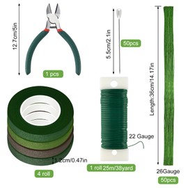 BOUBONI Floral Arrangement Tools Kit 4Pcs Green/Brown Tapes 22 Guage Stem Wire 26 Gauge Floral Wire 50Pcs Bouquet Flower pin for Wedding Crafts and Stem Wrapping