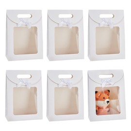 NBEADS 12 Pcs Kraft Paper Bags with Window, 7.48x3.54x10.43 Inch Stand Up Gift Bag with Ribbon Bowknot Small Gift Bag for Candy Cookies Packaging Wedding Christmas Store Retail, White