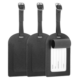 Coptiner 3 Pcs Luggage Tags Travel Suitcase Tags PU Leather Luggage Tags for Suitcases Suitcase ID Tags Luggage Labels with Name ID Card & Adjustable Strap Durable Waterproof (Black)