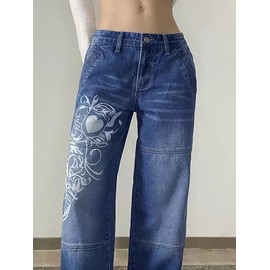 Xineicy Women's Low Rise Heart Pattern Baggy Jeans Washed Wide Leg Denim Cargo Pants