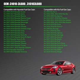 KUTTOLE 31010-3L600 Gas Cap for Hyundai Kia - 2004-2019 Elantra, 2006-2019 Accent Sonata, 2007-2019 Santa Fe, 2009-2016 Genesis, 05-19 Tucson Optima, 06-19 Sportage, 10-19 Soul,10-16 Forte Koup, 14-19 Sedona