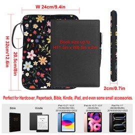 QRZIQRZ Book Sleeve for Book Lovers,Waterproof PU Leather Travel Book Carrying Case,Book Pouch with Zipper,12.6"x 9.4" Floral Print Cute Portable Book Protector Cover Bag for Hardcover Paperbacks Gift