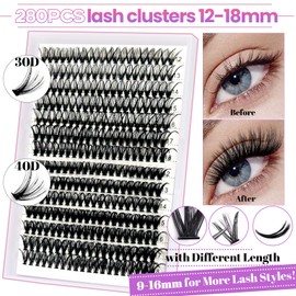 Qiveaory DIY Eyelash Extensions Kit 280 Pieces Individual Eyelash Clusters 30 + 40D 12-18 mm with Glue and Sealer Glue Remover Eyelash Shampoo Brush Eyelash Brush False Eyelashes Tweezers Mini