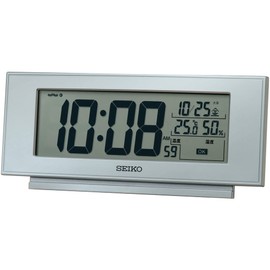 Seiko Clock NAVI SQ794S Silver Metallic Table Clock, Body Size: 3.0 x 6.9 x 1.5 inches (7.7 x 17.4 x 3.8 cm), Alarm Clock, Radio Waves, Digital, Temperature, Humidity, Display, Comfortable Environment