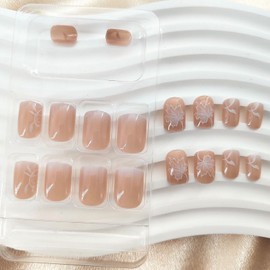 Press on Nails Short Square Fake Nails with White Flower & Leaf Designs Nude White Gradient Glue on Nails Perss ons Artificial Acrylic False Nails Glossy Stick on Nails for Women 24 Pcs