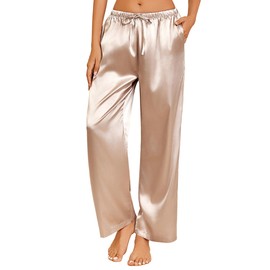 Ekouaer Womens Silk Satin Pajama Pants Casual Loose Lounge Pants Drawstring Elastic Waist Wide Leg Pj Bottoms with Pockets, Champagne, Medium
