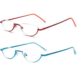 REAVEE 2 Pack Retro Designer Half Frame Reading Glasses for Women Men Spring Hinge Half Moon Readers Stylish Slim with Pouch, Red and Blue 1.75