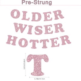 Neyeidru 3pcs Pre-Strung Older Wiser Hotter Banner Funny Pink Glitter Birthday Bunting Sign for Women Men 30th 40th 50th 60th 70th 80th Birthday Party Decorations