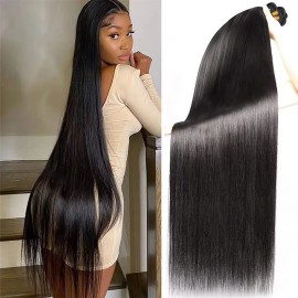 Brazilian Bundles Raw 100%Human Hair Bone Straight Hair Extensions Bulk for Braiding 16-32 Inch Bundles Double Weft Hair Weavecolor: Natural Black, Stretched Length: 32"