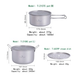 Boundless Voyage Camping Cookware Lightweight Cooking Pot Set Titanium Pot Portable for Outdoor Cooking Traveling Hiking Trekking Backpacking, 1-5 Person (107C-108C-29P)