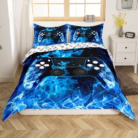 Loussiesd Boys Game Theme Bedding Blue Flame Decor Boys Kids Gaming Video Game Controller Duvet Cover Set Blue Black Game Gamer Gamepad Bedding Double for Teenage Men