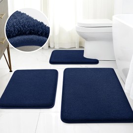 HOMEIDEAS Upgraded Bathroom Rugs Set 3 Piece, Extra Thick Absorbent Soft Memory Foam, Washable Toilet Bath Mat (Navy Blue)