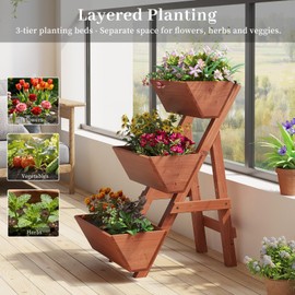 Kitsanery 3-Tiers Wooden Raised Garden Bed,Wood Planter Box for Vegetable,Flower Rack,Flower Pot Stands,Indoor Outdoor Gardening Planting Beds (Brick red, Small)
