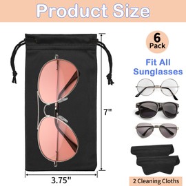 Hoiny 6 Pcs Microfiber Glasses Sunglasses Pouch with 2 Cleaning Cloths, Soft Drawstring Storage Pouch Bag for Phone, Eyeglass Cases (Black)