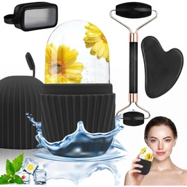 Toketa Kit de Belleza Facial 4 en 1 con Ice Roller, Rodillo Facial de Jade, Gua Sha Facial, Molde de Hielo de Silicona Reutilizable y Neceser Impermeable, Accesorios para Rutina de Cuidado Facial, Regalo para Mujer