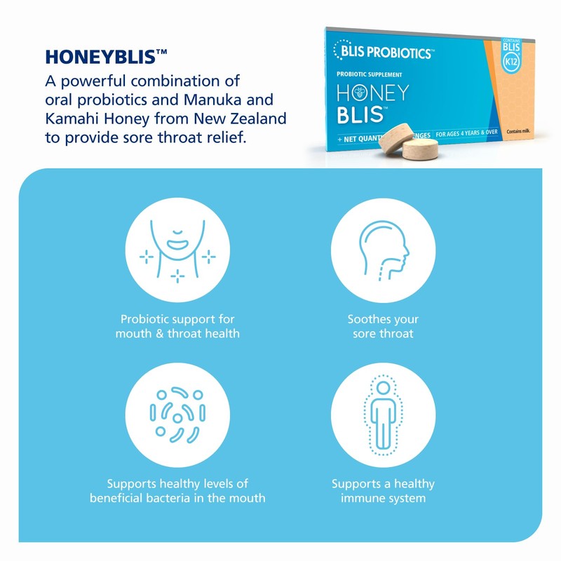 BLIS HoneyBlis Oral Probiotic Throat Lozenges - Manuka Honey, K12,