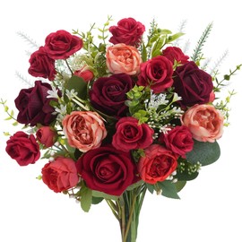 Fairblo Artificial Flowers Fake Rose Bouquets Faux Flowers for Decoration Red Florals Silk Roses Bouquet for Centerpiece Table Wedding Party Home Decor