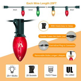 25Ft Christmas Lights Outdoor, C9 Multicolor Christmas Lights with 26 Red Green & White Incandescent Bulbs, Vintage String Lights for Holiday, Xmas, Roofline, Wedding- Green Wire