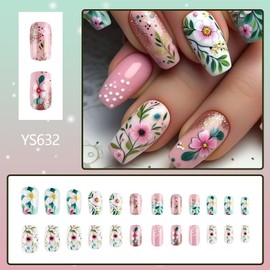 Pink Press on Nails Medium Coffin Fake Nails Flower Stick on Nails Spring Gradient Acrylic Glue on Nails Glossy Shiny Full Cover Artificial Uñas Postizas Reusable False Nails Kit for Women Girls 24Pcs