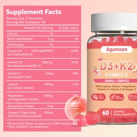 Agumoon Vitamin D3 K2 Gummies for Adults - Vitamin D3 5000IU + K2 (MK-7) 120mcg, with Magnesium Citrate, Vitamin C, Ultimate Absorption for Bone Muscle Teeth Immune - 120 Gummies