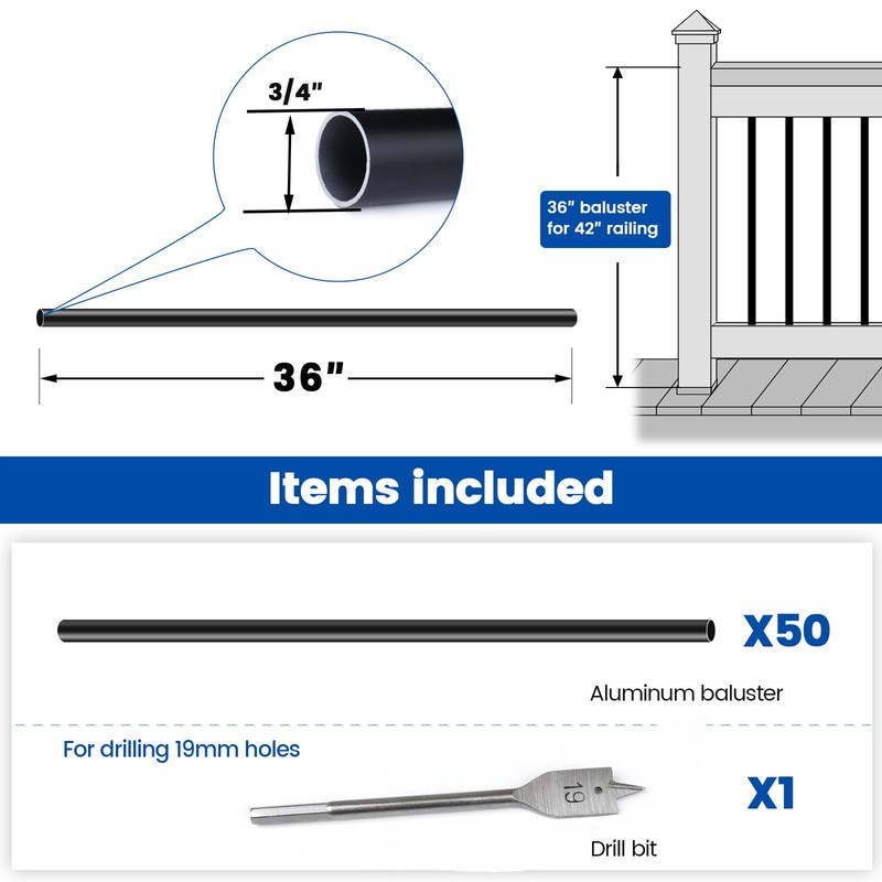 Muzata 50Pack 36" Aluminum Deck Balusters Round Black Deck Railing