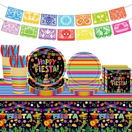 98PCS Mexican Fiesta Party Supplies Cinco De Mayo Paper Plates and Napkins Mexican Fiesta Tableware Set Cinco De Mayo Party Decorations Mexican Carnival Disposable Dinnerware Set for 16 Guests
