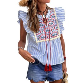 Chvity Women's Embroidered Peplum Tops - Retro Geo Stripe V-Neck Flutter 2025 Blouse Shirts with Ruffle Hem & Tassel Tie
