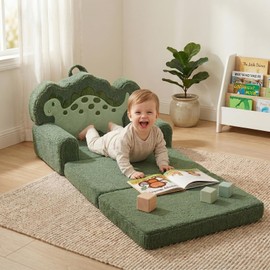 TinyPalsa Kids Couch, Convertible Sofa to Lounger Fold Out, Green Dinosaur Design Chair for Toddlers 1-3, Gift for Movie Night, Camping, and Napping