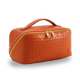 Large Capacity Makeup Bag Woven Cosmetic Bag, PU Leather Waterproof Cosmetic Bag, Women Portable Travel Makeup Pouch With Handle Makeup Organizer Bag (Brown)