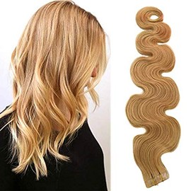 Samrtinnov Long Wave #27 Strawberry Blonde Tape in Hair Extensions Culry 70grams 20pcs Skin Weft Body Wave Seamless Tape in Extensions Remy Human Hair