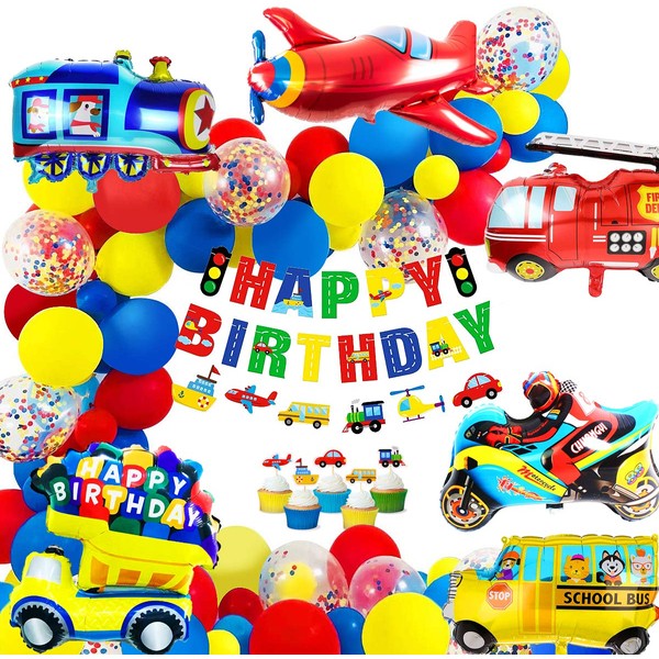 MOVINPE Transportation Birthday Decoration for Boys Happy Birthday Banner Cars School Bus Train Fire Truck Motorcycle Plane Foil Balloons Transport Vehicles Cake Topper Kids 1st