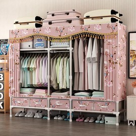 Heavy Duty Portable Wardrobe Closet with Drawers Steel Frame 25MM Steel Pipes Portable Clothes Storage Organizer Multi-Tier Shelves Dustproof Fabric Cover Hanging Rack Storage Organizer (6.56ft, Pink)