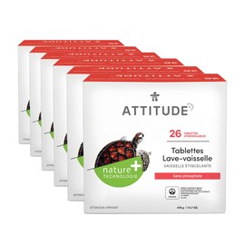 ATTITUDE Dishwasher Pods, Naturally Derived Dishwashing Detergent, Vegan and Plant-Based Dish Soap Tablets, Phosphate Free, Unscented, 26 Count (Pack of 6)