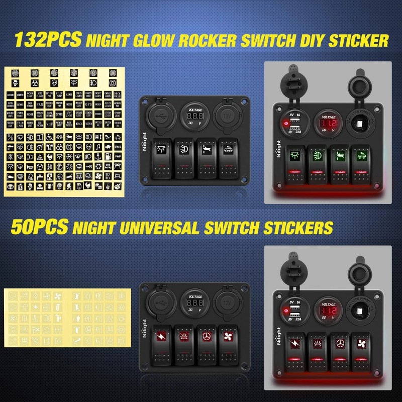 Nilight 4 Gang Rocker Switch Panel with USB Charger Voltmeter