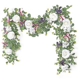 ASTNIC Pack of 2 5.9 ft Artificial Flower Garland, Eucalyptus Garland with 3D Butterflies and Rose, Artificial Rose Garland, Artificial Flowers, Hanging Garland for Wedding, Wall, Party, Garden