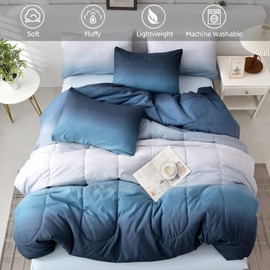 Anibedding Gradient Blue Twin Comforter Set - 6 Pieces Ombre Navy Blue White Microfiber Bed in a Bag - All Season Down Alternative Light Ocean Sea Blue Abstract Bedding Set for Teen Boys Girls Women