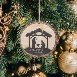 P. Graham Dunn A Savior is Born Nativity Scene Wood Tree Bark 4 inch Christmas Tree Ornament