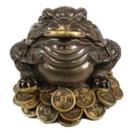 Ebros Faux Bronze Resin Feng Shui Jin Chan Fortune Money Frog Figurine Talisman Lucky Toad Standing On Gold Coins Auspicious Figurine Charm Sculpture Decor