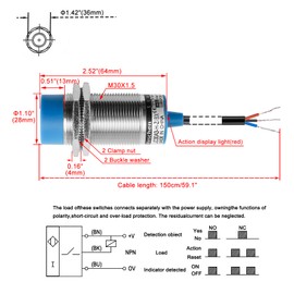 Heschen M30 Capacitive Proximity Sensor Switch Non-Shield Type LJC30A3-H-Z/BX Detection 1-15mm 10-30VDC 200mA NPN Normally Open(NO) 3 Wires