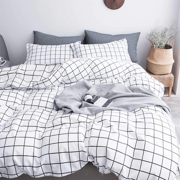 Nanko Queen Duvet Cover Set Grid, 90x90 Soft Bedding Cover, Luxury Cool Lightweight Microfiber 3pc Set (1 Cover 2 Pillowcase) with Zip, Tie - Modern Style Bed Quilt Cover for Decor, Plaid White