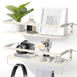 Uten Floating Shelves, Wall Mounted Iron Shelves Set of 2, Bathroom Storage Iron Shelves with Towel Rack, Wall Hanging Organizer Decor Shelf for Bathroom, Kitchen, Bedroom, Living Room